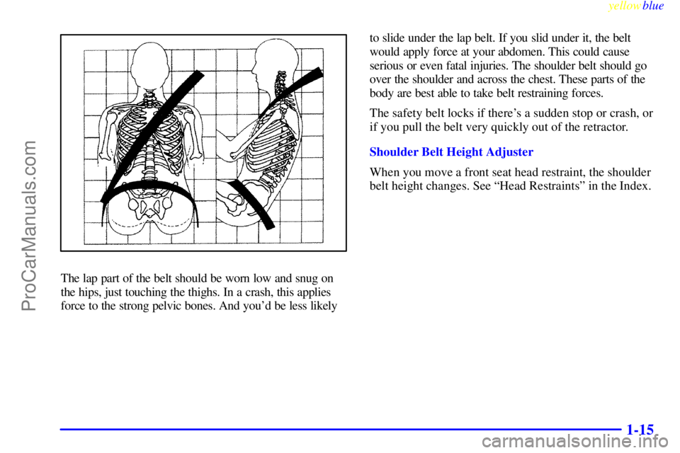 BUICK PARK AVENUE 1999 Owners Manual yellowblue     
1-15
The lap part of the belt should be worn low and snug on
the hips, just touching the thighs. In a crash, this applies
force to the strong pelvic bones. And youd be less likelyto s
