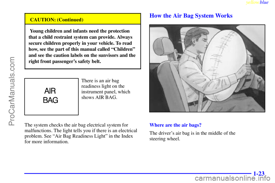 BUICK PARK AVENUE 1999 Owners Manual yellowblue     
1-23
CAUTION: (Continued)
 Young children and infants need the protection
that a child restraint system can provide. Always
secure children properly in your vehicle. To read
how, see t