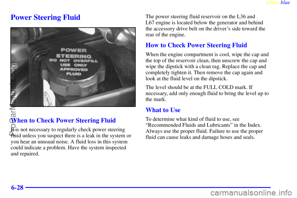 BUICK PARK AVENUE 1999  Owners Manual yellowblue     
6-28
Power Steering Fluid
When to Check Power Steering Fluid
It is not necessary to regularly check power steering
fluid unless you suspect there is a leak in the system or
you hear an