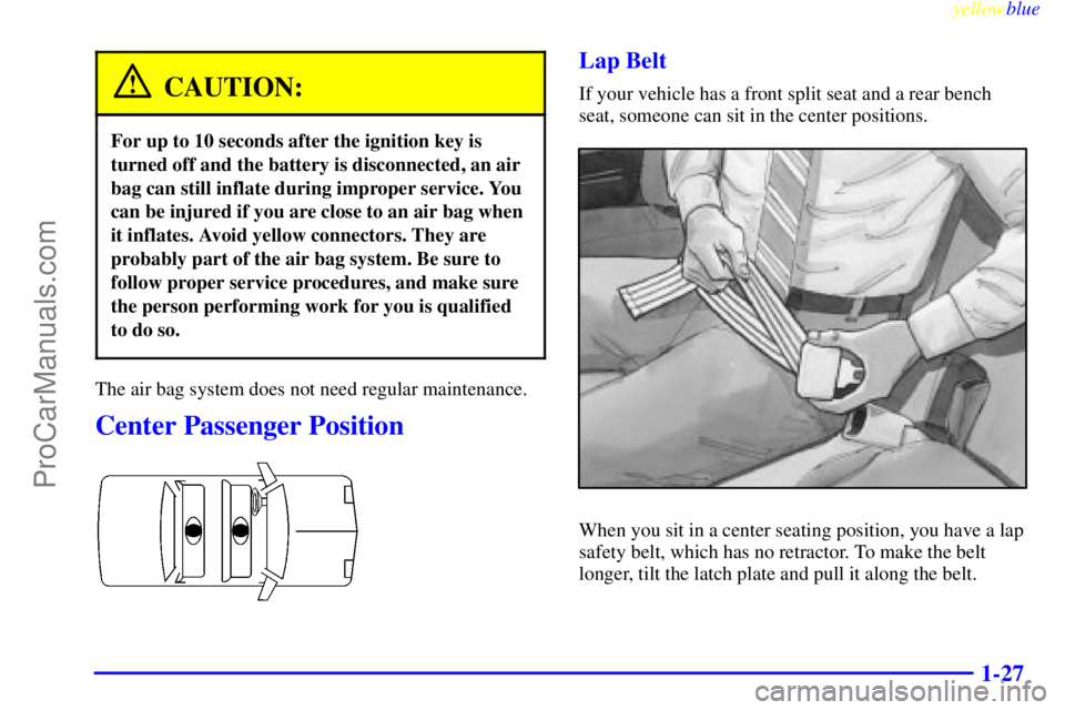 BUICK PARK AVENUE 1999 Owners Guide yellowblue     
1-27
CAUTION:
For up to 10 seconds after the ignition key is
turned off and the battery is disconnected, an air
bag can still inflate during improper service. You
can be injured if you