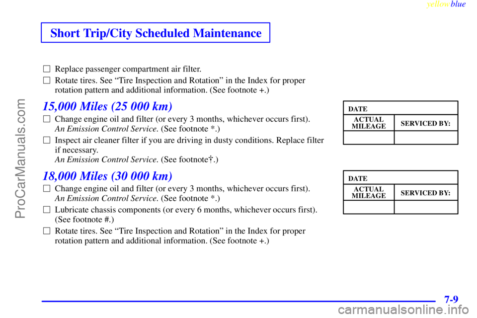 BUICK PARK AVENUE 1999  Owners Manual Short Trip/City Scheduled Maintenance
yellowblue     
7-9
Replace passenger compartment air filter.
Rotate tires. See ªTire Inspection and Rotationº in the Index for proper
rotation pattern and ad
