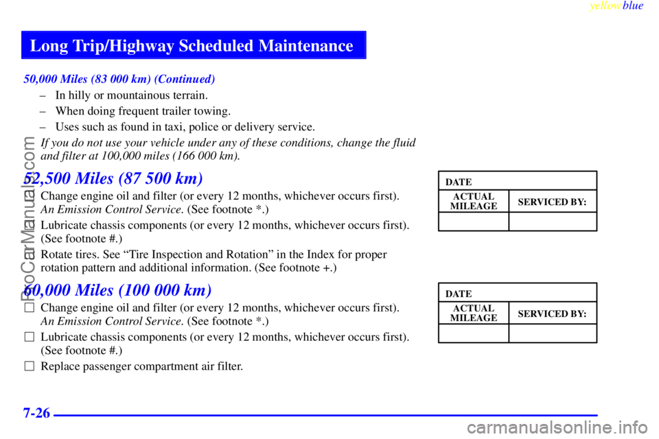 BUICK PARK AVENUE 1999  Owners Manual Long Trip/Highway Scheduled Maintenance
yellowblue     
7-26
50,000 Miles (83 000 km) (Continued)
± In hilly or mountainous terrain.
± When doing frequent trailer towing.
± Uses such as found in ta