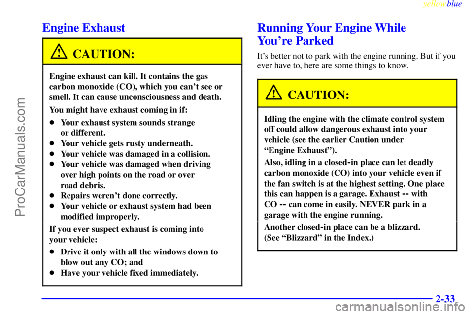 BUICK PARK AVENUE 1999  Owners Manual yellowblue     
2-33
Engine Exhaust
CAUTION:
Engine exhaust can kill. It contains the gas
carbon monoxide (CO), which you cant see or
smell. It can cause unconsciousness and death.
You might have exh
