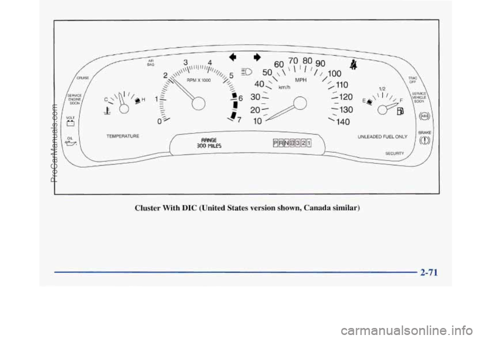BUICK PARK AVENUE 1997  Owners Manual TEMPERATURE BRAKE 
RANGE 30# MILES 
UNLEADED FUEL ONLY 
Cluster  With DIC (United  States  version  shown,  Canada  similar) 
ProCarManuals.com 