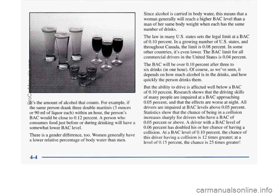BUICK PARK AVENUE 1997  Owners Manual . .,. 
It’s the amount  of alcohol  that counts. For example,  if 
the 
same person  drank three double  martinis (3 ounces 
or 
90 ml of liquor each)  within an hour,  the person’s 
BAC  would  b