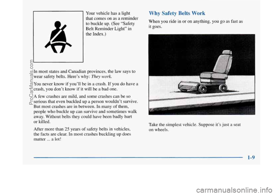 BUICK PARK AVENUE 1997 Owners Manual Your vehicle has a light 
that comes on as a reminder 
to buckle up.  (See “Safety 
Belt Reminder Light”  in 
the  Index.) 
In most states and Canadian provinces, the law says  to 
wear safety bel