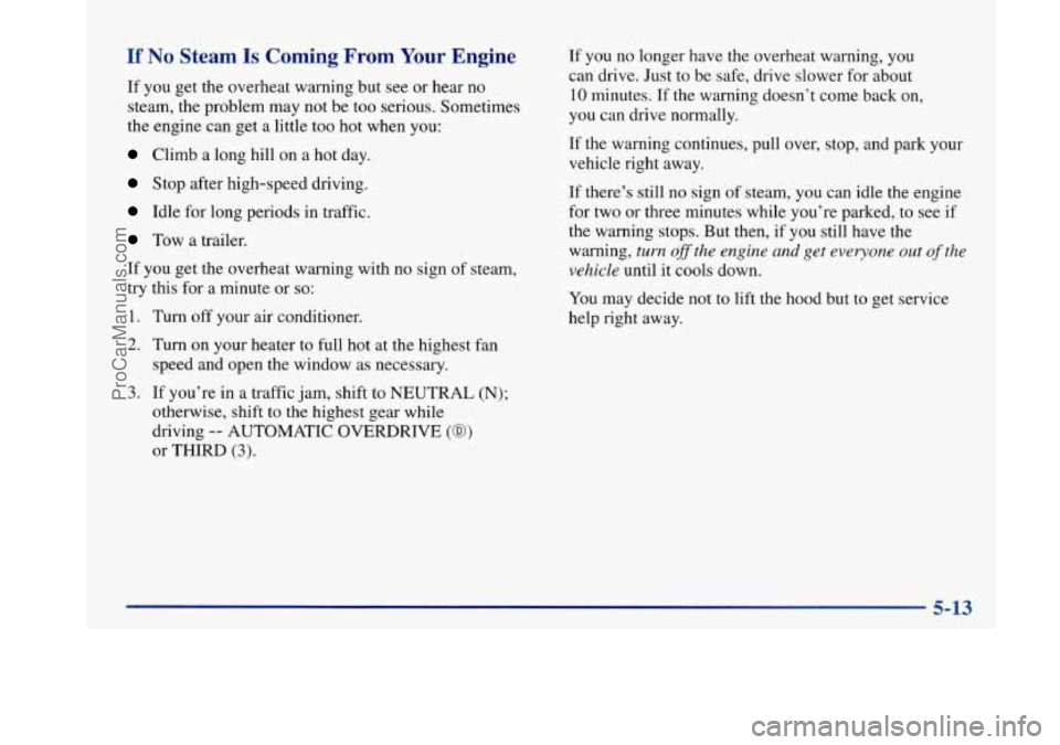 BUICK PARK AVENUE 1997  Owners Manual If No Steam Is Coming From Your Engine 
If  you get the overheat warning but see  or hear  no 
steam, the problem  may not be too serious. Sometimes 
the  engine  can  get  a little too hot  when  you