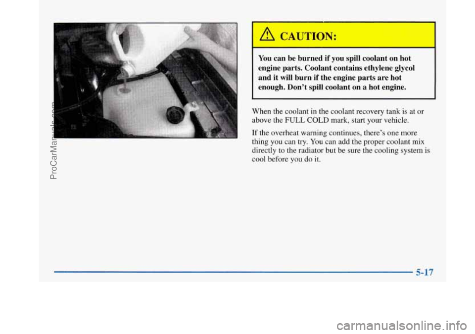 BUICK PARK AVENUE 1997  Owners Manual You  can  be  burned  if  you  spill  coolant  on  hot engine  parts.  Coolant  contains  ethylene  glycol 
and  it  will  burn  if  the  engine  parts  are  hot 
enough.  Dont  spill  coolant  on  a
