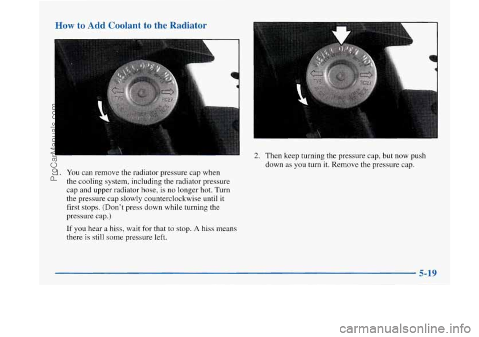 BUICK PARK AVENUE 1997  Owners Manual How to Add Coolant to the Radiator 
1. You can remove  the radiator pressure  cap when 
the  cooling system, including  the  radiator pressure 
cap  and  upper  radiator 
hose, is no longer hot.  Turn