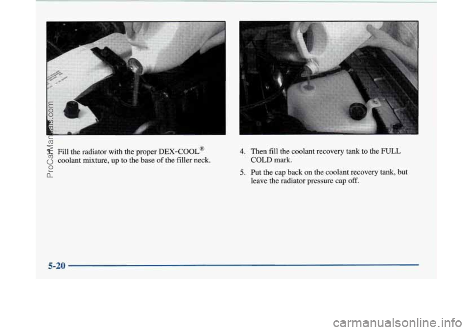 BUICK PARK AVENUE 1997  Owners Manual 3. Fill the radiator  with the  proper  DEX-COOL@ 
coolant  mixture,  up  to the  base 
of the  filler  neck. 
I 
4. Then fill the  coolant  recovery tank  to the  mTLL 
COLD mark. 
5. Put  the  cap b