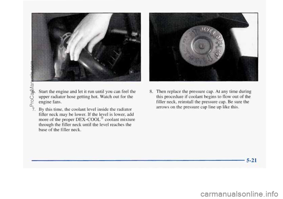 BUICK PARK AVENUE 1997  Owners Manual 6. Start the engine and let it  run  until  you  can feel the 
upper  radiator hose getting hot.  Watch out  for  the 
engine  fans. 
filler neck may  be  lower.  If the level 
is lower,  add 
more  o