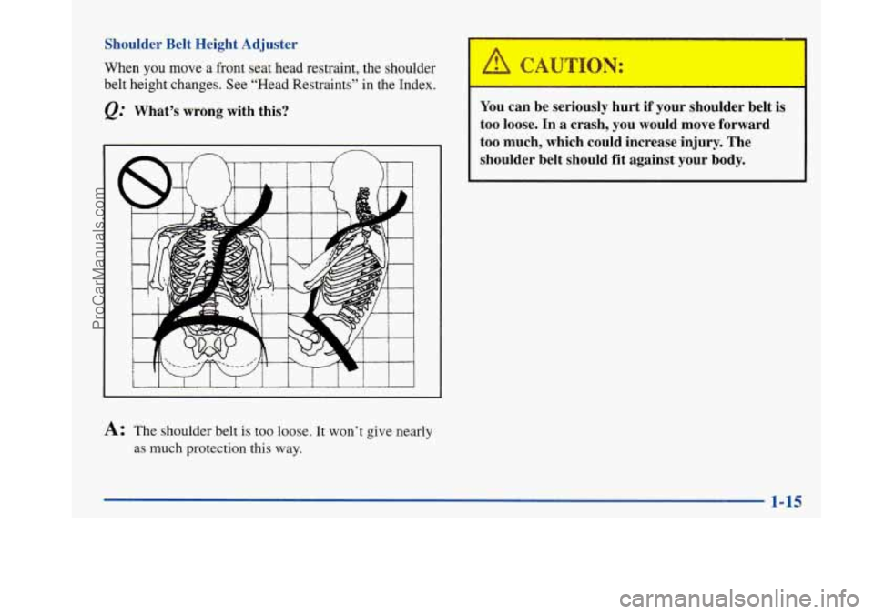 BUICK PARK AVENUE 1997 Owners Manual Shoulder  Belt  Height  Adjuster 
When you move a  front  seat  head restraint,  the  shoulder 
belt  height  changes.  See “Head  Restraints”  in  the  Index. 
@ What’s  wrong  with  this? 
A: 
