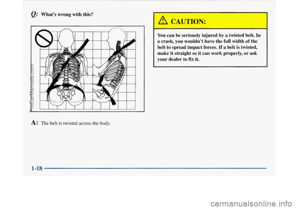 BUICK PARK AVENUE 1997 Owners Manual I I 
@ What’s  wrong  with  this? 
I 1 I I I I 1 I I 1 I J 
A: The belt is twisted across the body. 
You  can  be  seriously  injured  by  a  twisted  belt.  In 
a  crash,  you  wouldn’t  have  th