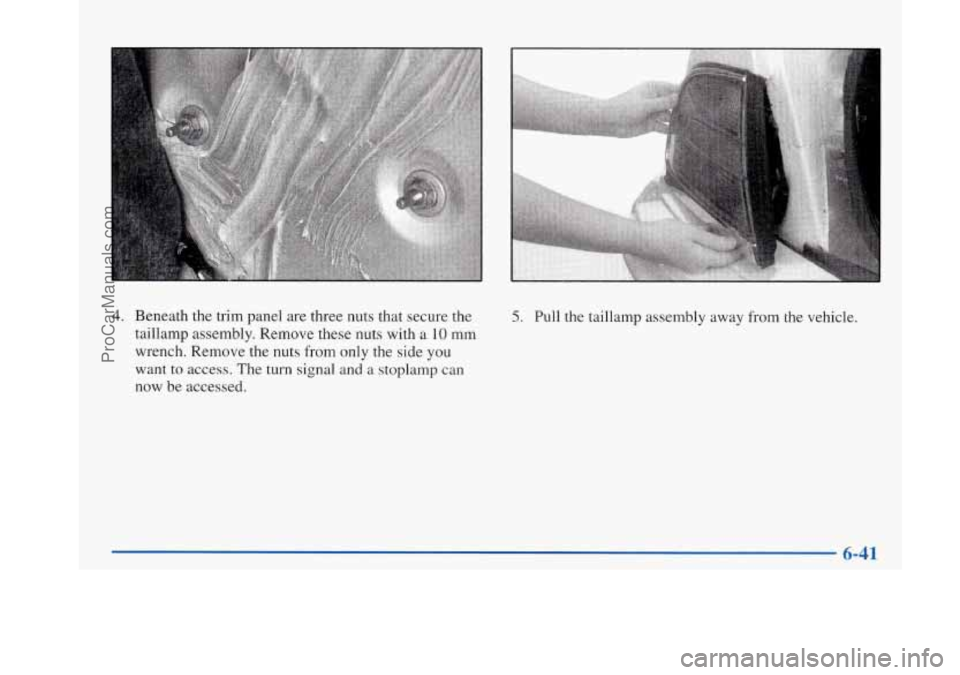 BUICK PARK AVENUE 1997  Owners Manual 4. Beneath the trim  panel  are three  nuts  that  secure the 
taillamp  assembly.  Remove these nuts  with a 
10 mm 
wrench.  Remove  the nuts  from  only the side  you 
want  to access.  The 
turn s