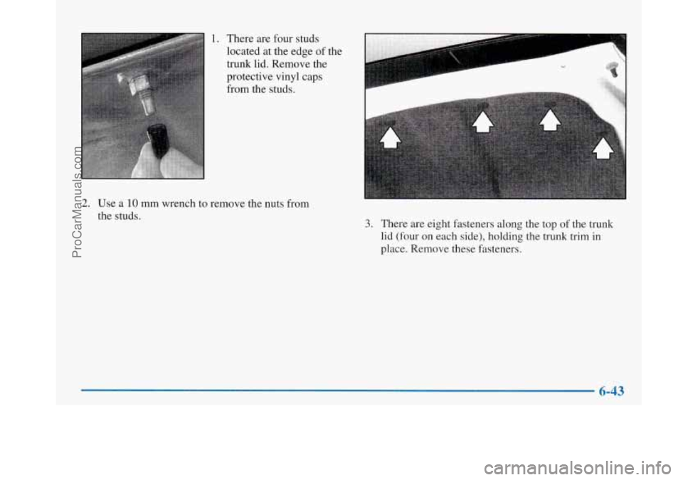 BUICK PARK AVENUE 1997  Owners Manual 1. There  are four studs 
located  at the  edge 
of the 
trunk  lid. Remove  the 
protective  vinyl caps 
from  the studs. 
2. Use a 10 mm  wrench  to remove  the nuts from 
the  studs. 
3. There  are