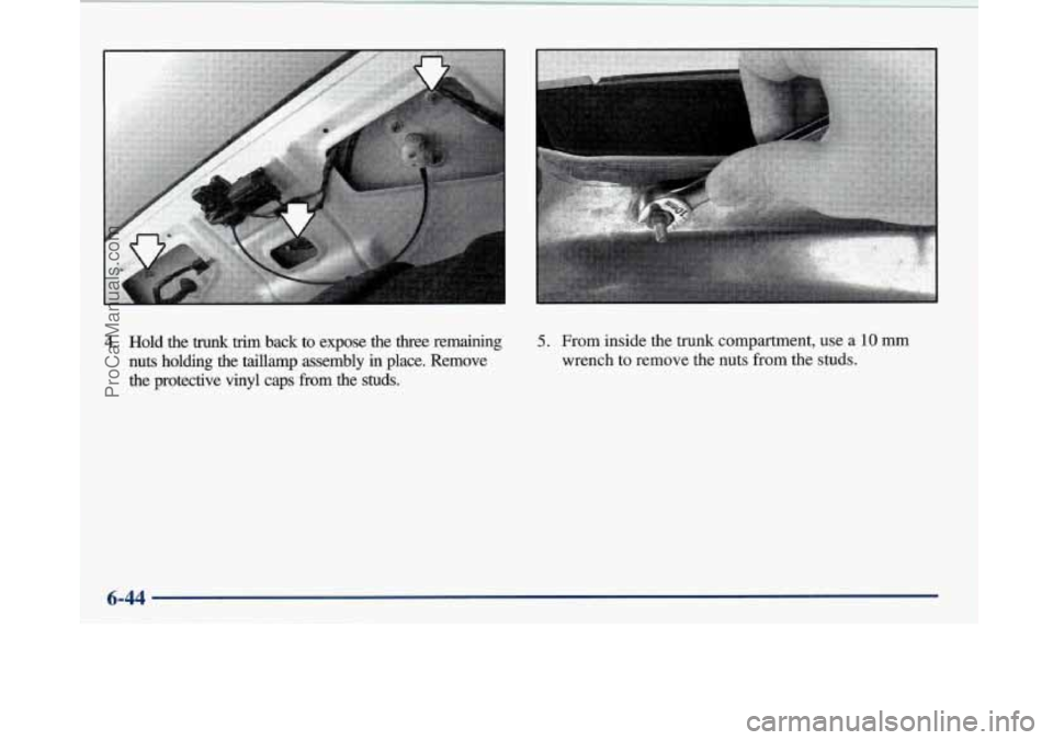 BUICK PARK AVENUE 1997  Owners Manual 4. Hold the trunk trkn back  to  expose the three remaining 
nuts  holding  the  taillamp  assembly  in  place.  Remove 
the  protective  vinyl  caps  from  the 
studs. 
5. From inside the trunk compa
