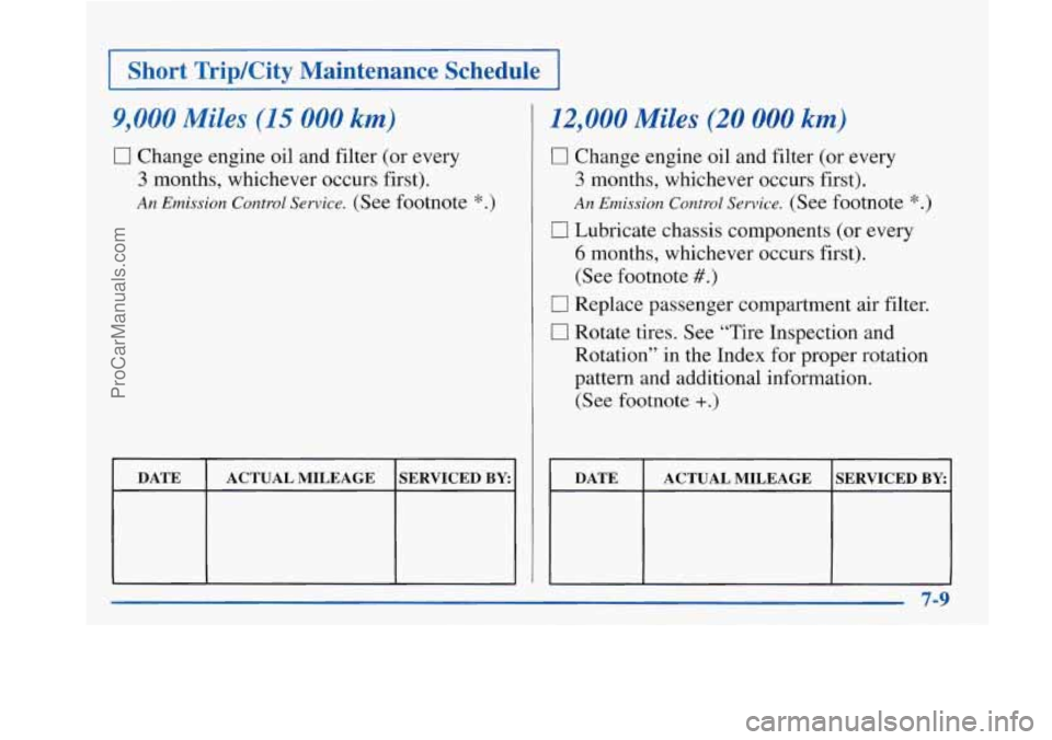 BUICK PARK AVENUE 1997 Owners Manual I Short TripKity Maintenance Schedule I
9,000 Miles (15 000 km)
0 Change engine oil and filter (or every
3 months, whichever occurs first).
An Emission Control Service. (See footnote *.)
D BUICK PARK AVENUE 1997 Owners Manual I Short TripKity Maintenance Schedule I
9,000 Miles (15 000 km)
0 Change engine oil and filter (or every
3 months, whichever occurs first).
An Emission Control Service. (See footnote *.)
D