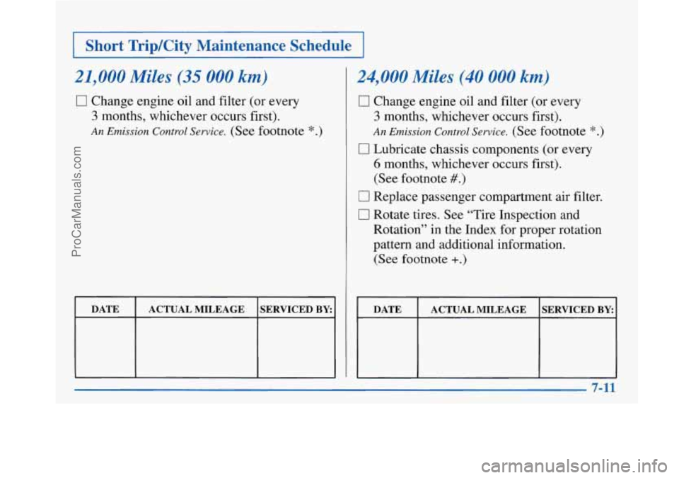BUICK PARK AVENUE 1997 Owners Manual I Short Trip/City Maintenance Schedule I
21,000 Miles (35 000 km)
0 Change engine oil and filter (or every
3 months, whichever occurs first).
An Emission Control Service. (See footnote *.) BUICK PARK AVENUE 1997 Owners Manual I Short Trip/City Maintenance Schedule I
21,000 Miles (35 000 km)
0 Change engine oil and filter (or every
3 months, whichever occurs first).
An Emission Control Service. (See footnote *.)