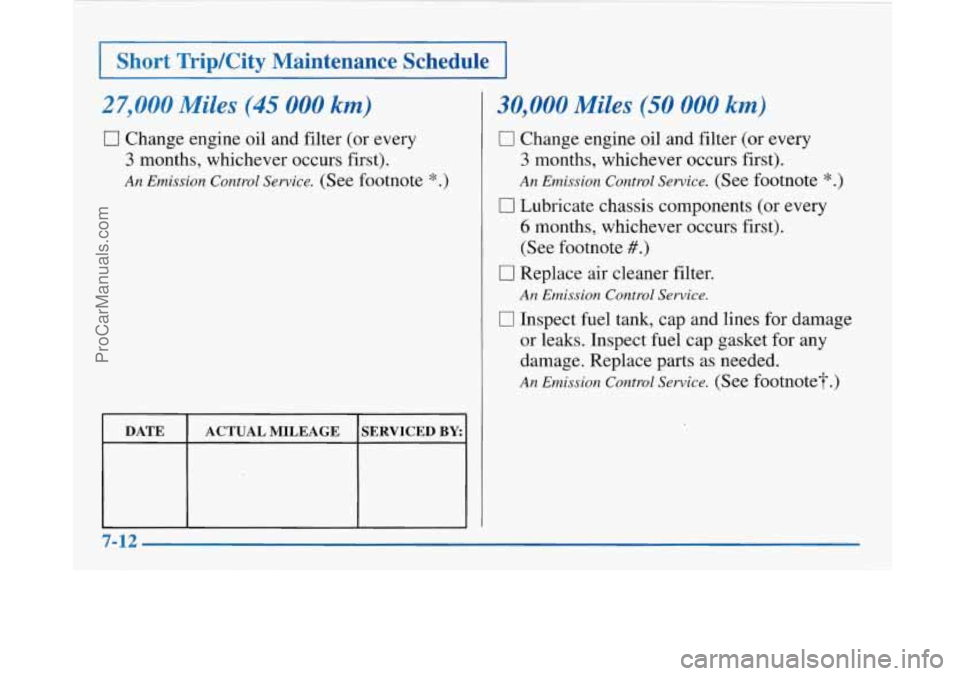BUICK PARK AVENUE 1997 Owners Manual 1- Short TripKity Maintenance Schedule I
27,000 Miles (45 000 km)
0 Change engine oil and filter (or every
3 months, whichever occurs first).
An Emission Control Service. (See footnote *.) BUICK PARK AVENUE 1997 Owners Manual 1- Short TripKity Maintenance Schedule I
27,000 Miles (45 000 km)
0 Change engine oil and filter (or every
3 months, whichever occurs first).
An Emission Control Service. (See footnote *.)