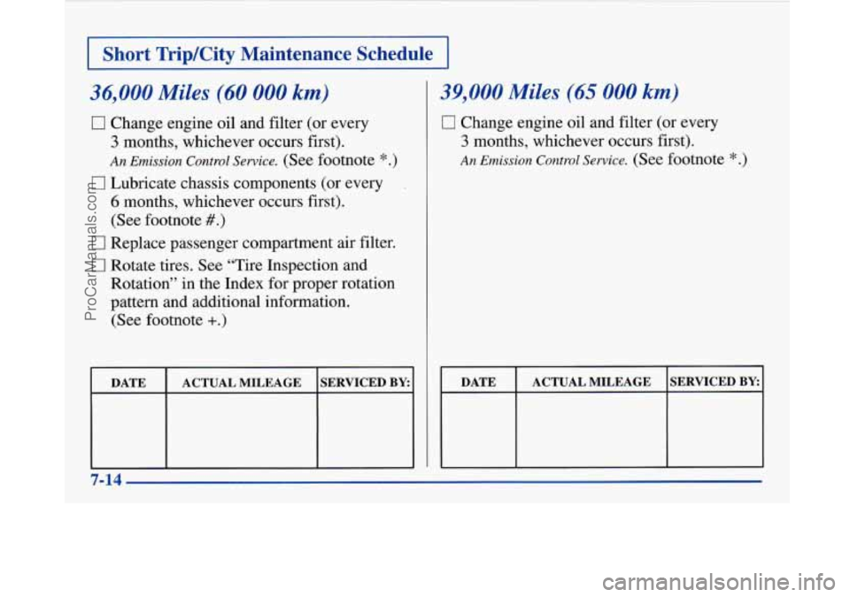BUICK PARK AVENUE 1997 Owners Manual I Short TripKity Maintenance Schedu
36,000 Miles (60 000 km)
0 Change engine oil and filter (or every
3 months, whichever occurs first).
An Emission Control Service. (See footnote *.)
6 m BUICK PARK AVENUE 1997 Owners Manual I Short TripKity Maintenance Schedu
36,000 Miles (60 000 km)
0 Change engine oil and filter (or every
3 months, whichever occurs first).
An Emission Control Service. (See footnote *.)
6 m