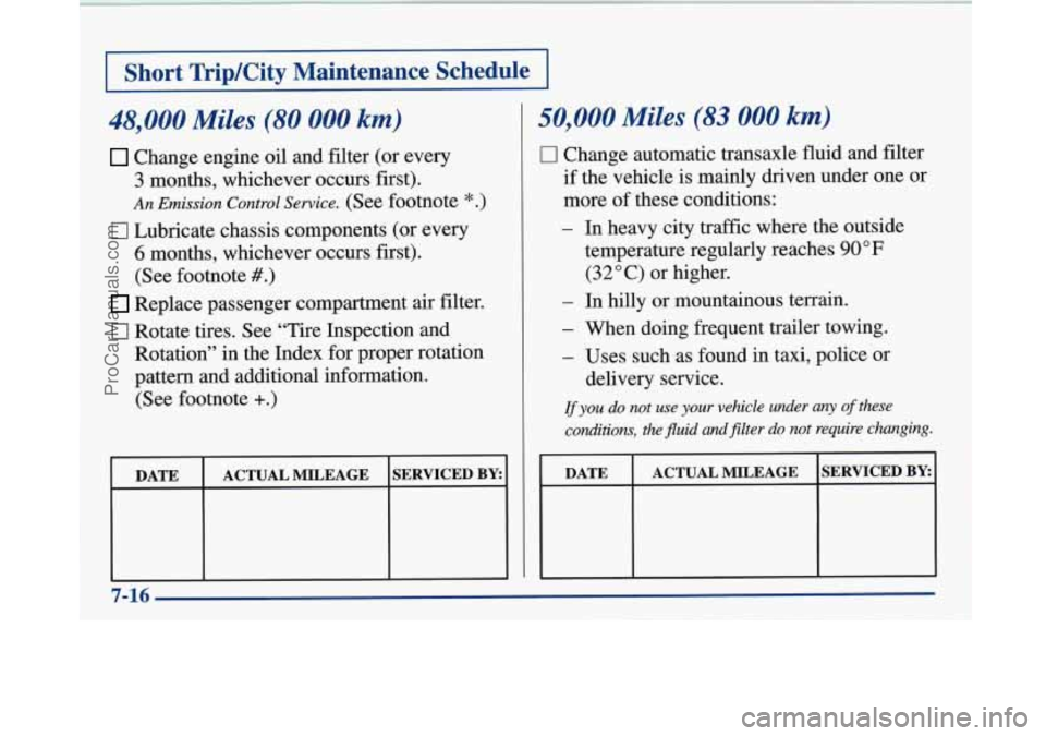 BUICK PARK AVENUE 1997 Owners Manual I Short TripKity Maintenance Schedule I
48,000 Miles (80 000 km)
Change engine oil and filter (or every
3 months, whichever occurs first).
An Emission Control Service. (See footnote *.)
BUICK PARK AVENUE 1997 Owners Manual I Short TripKity Maintenance Schedule I
48,000 Miles (80 000 km)
Change engine oil and filter (or every
3 months, whichever occurs first).
An Emission Control Service. (See footnote *.)