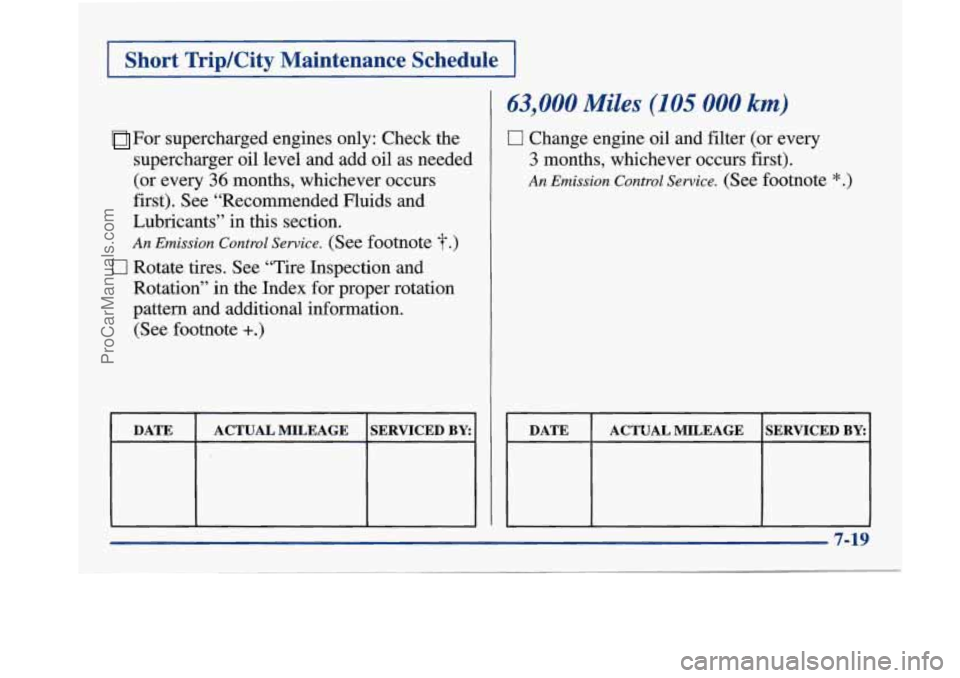 BUICK PARK AVENUE 1997 Owners Manual I Short Trip/City Maintenance Schedule I
For supercharged engines only: Check the
supercharger oil
level and add oil as needed
(or every
36 months, whichever occurs
first). See “Rec BUICK PARK AVENUE 1997 Owners Manual I Short Trip/City Maintenance Schedule I
For supercharged engines only: Check the
supercharger oil
level and add oil as needed
(or every
36 months, whichever occurs
first). See “Rec