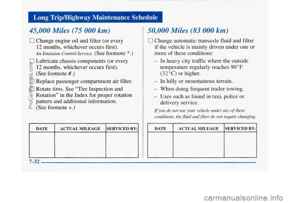 BUICK PARK AVENUE 1997 Owners Manual I Long TriplHighway Maintenance Schedule
I
45,000 Miles (75 000 km)
0 Change engine oil and filter (or every
12 months, whichever occurs first).
An Emission Control Service. (See footnote * BUICK PARK AVENUE 1997 Owners Manual I Long TriplHighway Maintenance Schedule
I
45,000 Miles (75 000 km)
0 Change engine oil and filter (or every
12 months, whichever occurs first).
An Emission Control Service. (See footnote *