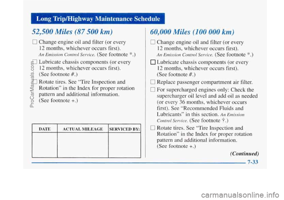 BUICK PARK AVENUE 1997 Owners Manual 52,500 Miles (87 500 km)
0 Change engine oil and filter (or every
12 months, whichever occurs first).
An Emission Control Service. (See footnote *.)
0 Lubricate chassis components (or every BUICK PARK AVENUE 1997 Owners Manual 52,500 Miles (87 500 km)
0 Change engine oil and filter (or every
12 months, whichever occurs first).
An Emission Control Service. (See footnote *.)
0 Lubricate chassis components (or every
