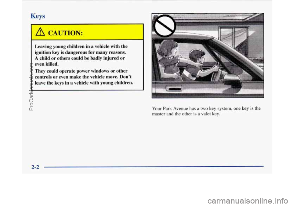 BUICK PARK AVENUE 1997 Repair Manual Keys 
A CAUTION: 
Leaving  young  children  in  a  vehicle  with  the 
ignition  key 
is dangerous  for  many  reasons. 
A child or others  could  be  badly  injured  or 
even  killed. 
They  could  o