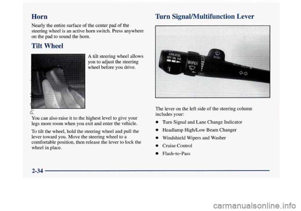 BUICK PARK AVENUE 1997  Owners Manual Horn 
Nearly the entire  surface of the  center  pad of the 
steering  wheel is an  active horn switch. Press anywhere 
on  the  pad  to sound  the  horn. 
Tilt Wheel 
A tilt steering wheel allows 
yo