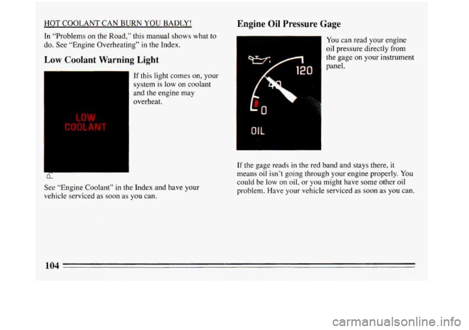 BUICK REGAL 1993  Owners Manual HOT COOLANT CAN BURN YOU BADLY! 
In “Problems  on the Road,” this manual  shows what to 
do.  See  “Engine  Overheating” 
in the Index. 
Low  Coolant  Warning  Light 
If this light  comes on, 