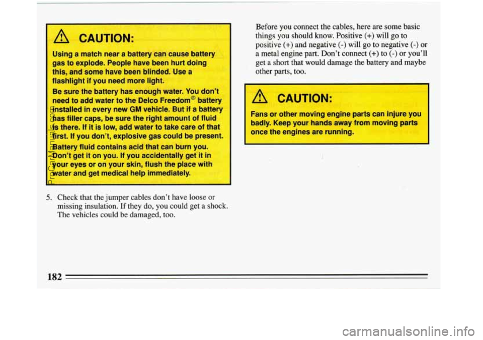 BUICK REGAL 1993 Owners Manual 1
I A CAUTION:
Using a match near a battery can cause battery
this, and some have been blinded. Use a
I gas to explode. People have been hurt doing
I
I flashlight if you need more l BUICK REGAL 1993 Owners Manual 1
I A CAUTION:
Using a match near a battery can cause battery
this, and some have been blinded. Use a
I gas to explode. People have been hurt doing
I
I flashlight if you need more l