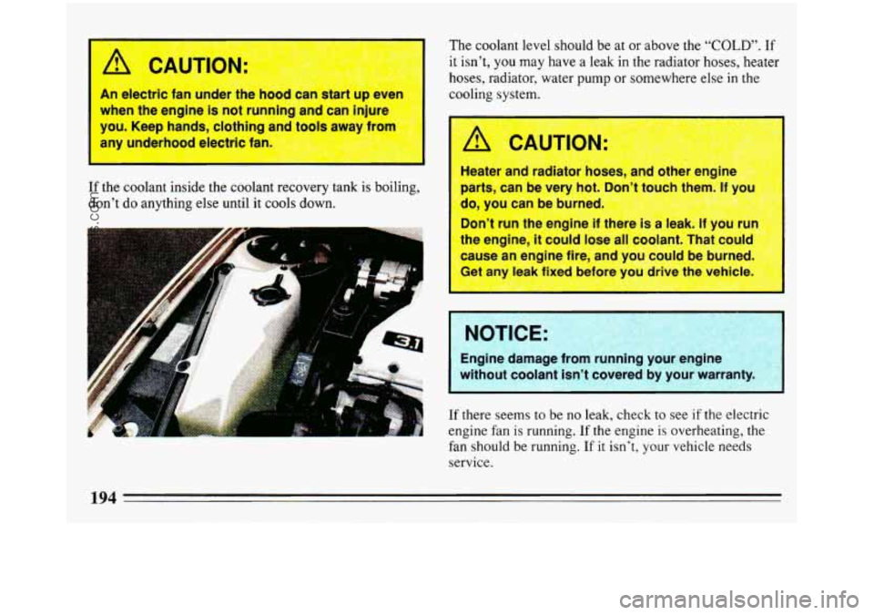 BUICK REGAL 1993 Owners Manual tder the hood can =&drt up even
is not running and can injure
--, clothing and tools away frnm
I nlcwtric fan-
~ ~~~~ ---
If the coolant inside the coolant recovery tank is boiling,
don BUICK REGAL 1993 Owners Manual tder the hood can =&drt up even
is not running and can injure
--, clothing and tools away frnm
I nlcwtric fan-
~ ~~~~ ---
If the coolant inside the coolant recovery tank is boiling,
don