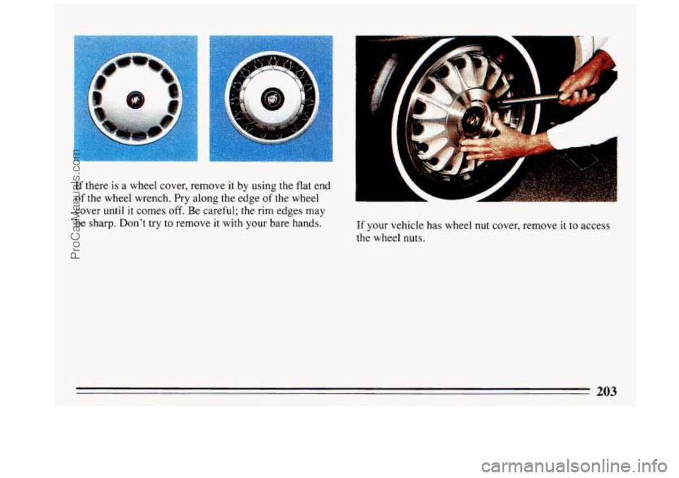 BUICK REGAL 1993  Owners Manual If there is a wheel  cover,  remove  it  by using the  flat  end 
of  the wheel wrench.  Pry  along  the  edge 
of the wheel 
cover  until it  comes off. Be  careful;  the rim edges may 
be  sharp.  D