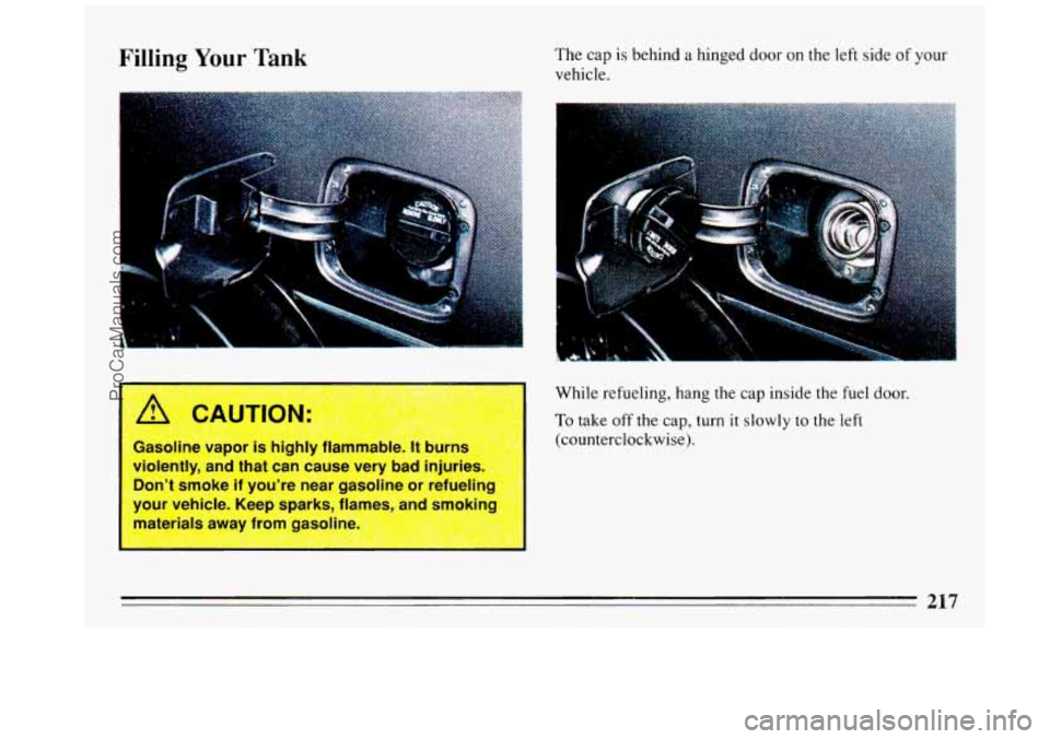BUICK REGAL 1993 Owners Manual Filling Your Tank The cap is behind a hinged door on the left side of your
vehicle.
11ne vapor IS nlghly Tlarnrnao
violently, and that can cause very Dad injuries.
Don’t smoke if you’ BUICK REGAL 1993 Owners Manual Filling Your Tank The cap is behind a hinged door on the left side of your
vehicle.
11ne vapor IS nlghly Tlarnrnao
violently, and that can cause very Dad injuries.
Don’t smoke if you’