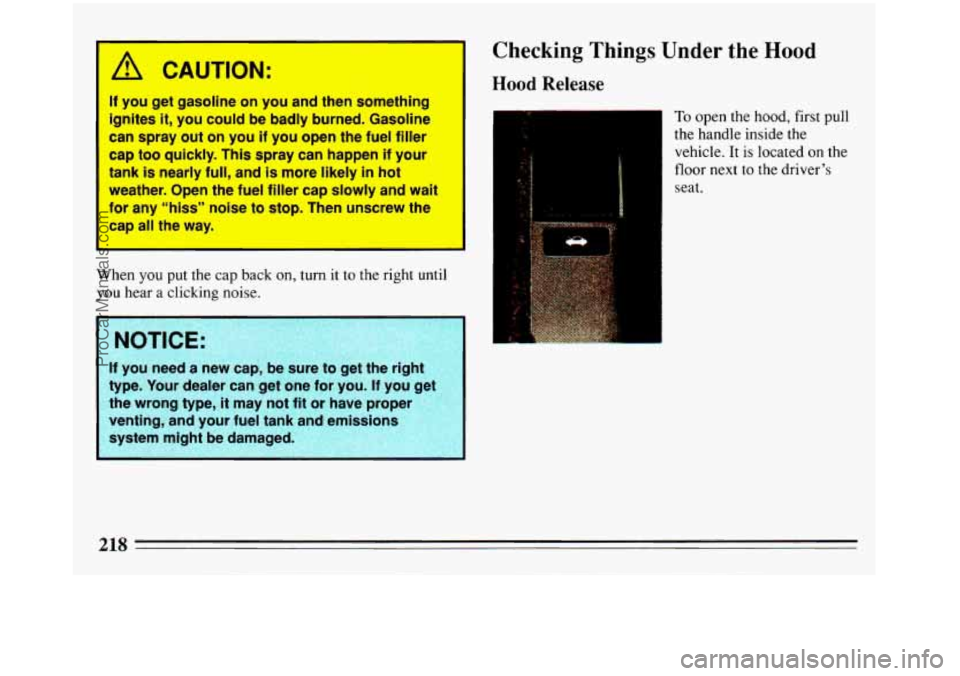 BUICK REGAL 1993 Owners Manual A CAUTION:
If you get gasoline on you and then something
ignites it, you could be badly burned. Gasoline
can spray out on you if you open the fuel filler
cap too quickly, This spray can happen if BUICK REGAL 1993 Owners Manual A CAUTION:
If you get gasoline on you and then something
ignites it, you could be badly burned. Gasoline
can spray out on you if you open the fuel filler
cap too quickly, This spray can happen if