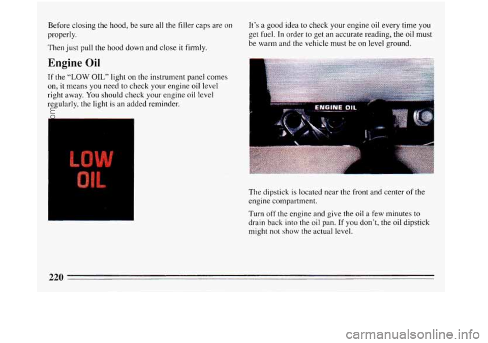 BUICK REGAL 1993 Owners Manual Before closing the hood, be sure all the filler caps are on
properly.
Then just pull the hood down and close it firmly.
Engine Oil
If the “LOW OIL” light on the instrument panel comes BUICK REGAL 1993 Owners Manual Before closing the hood, be sure all the filler caps are on
properly.
Then just pull the hood down and close it firmly.
Engine Oil
If the “LOW OIL” light on the instrument panel comes