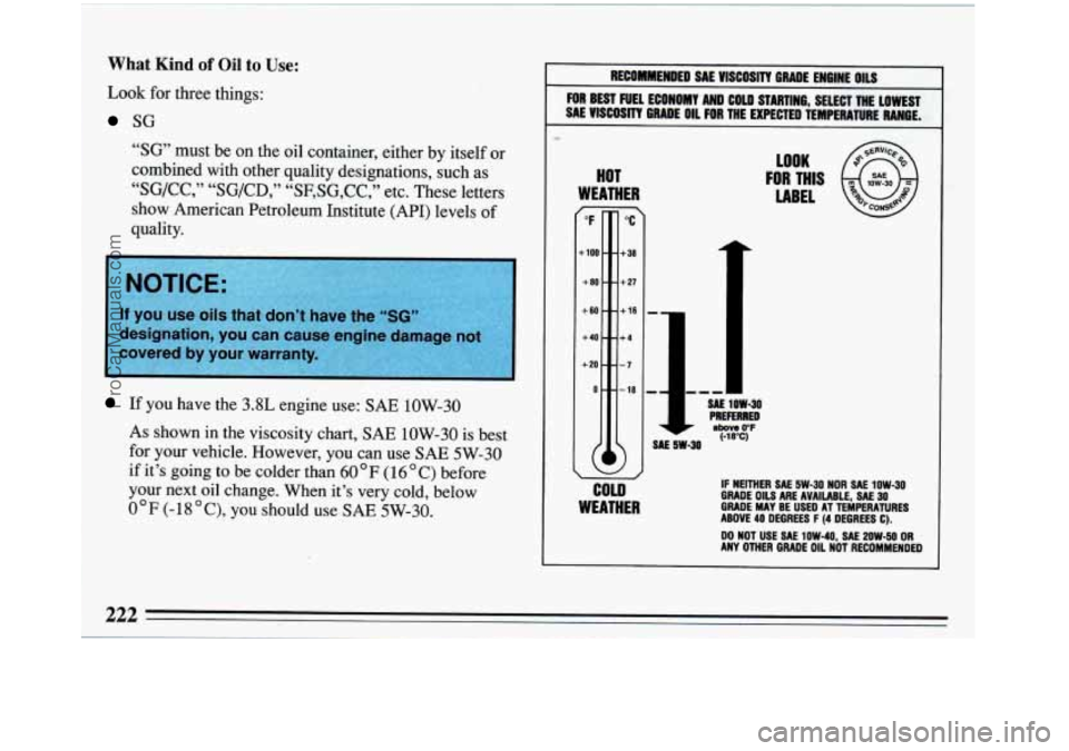 BUICK REGAL 1993 Owners Manual What Kind of Oil to Use:
Look for three things:
SG
“SG”
must be on the oil container, either by itself or
combined with other quality designations, such as
“SG/CC,” “SG/ BUICK REGAL 1993 Owners Manual What Kind of Oil to Use:
Look for three things:
SG
“SG”
must be on the oil container, either by itself or
combined with other quality designations, such as
“SG/CC,” “SG/