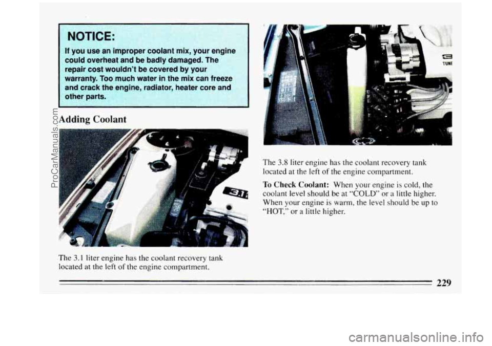 BUICK REGAL 1993 Owners Manual NOTICE:
If you use an improper coolant mix, your engine
could overheat and be badly damaged. The
repair cost wouldn’t be covered by
your
warranty. Too much water in the mix ca BUICK REGAL 1993 Owners Manual NOTICE:
If you use an improper coolant mix, your engine
could overheat and be badly damaged. The
repair cost wouldn’t be covered by
your
warranty. Too much water in the mix ca