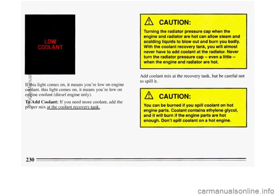 BUICK REGAL 1993 Owners Manual If this light comes on, it means youre low on engine
coolant. this light comes
on, it means youre low on
engine coolant (diesel engine only).
To Add Coolant: If you need more coolant, a BUICK REGAL 1993 Owners Manual If this light comes on, it means youre low on engine
coolant. this light comes
on, it means youre low on
engine coolant (diesel engine only).
To Add Coolant: If you need more coolant, a