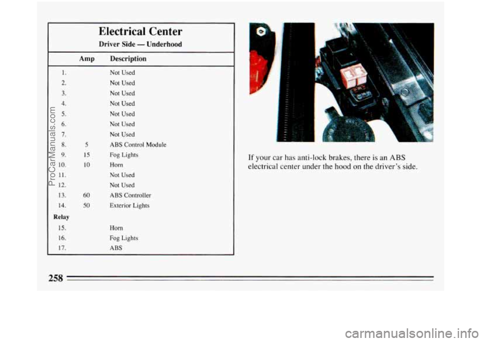 BUICK REGAL 1993 Owners Manual 5
15
10
60
50
Electrical Center
Driver Side - Underhood
Amp Description
1. Not Used
2. Not Used
, 3. Not Used
4. Not Used
5. Not Used
6. Not Used
7. Not Used
8. ABS Control Module BUICK REGAL 1993 Owners Manual 5
15
10
60
50
Electrical Center
Driver Side - Underhood
Amp Description
1. Not Used
2. Not Used
, 3. Not Used
4. Not Used
5. Not Used
6. Not Used
7. Not Used
8. ABS Control Module