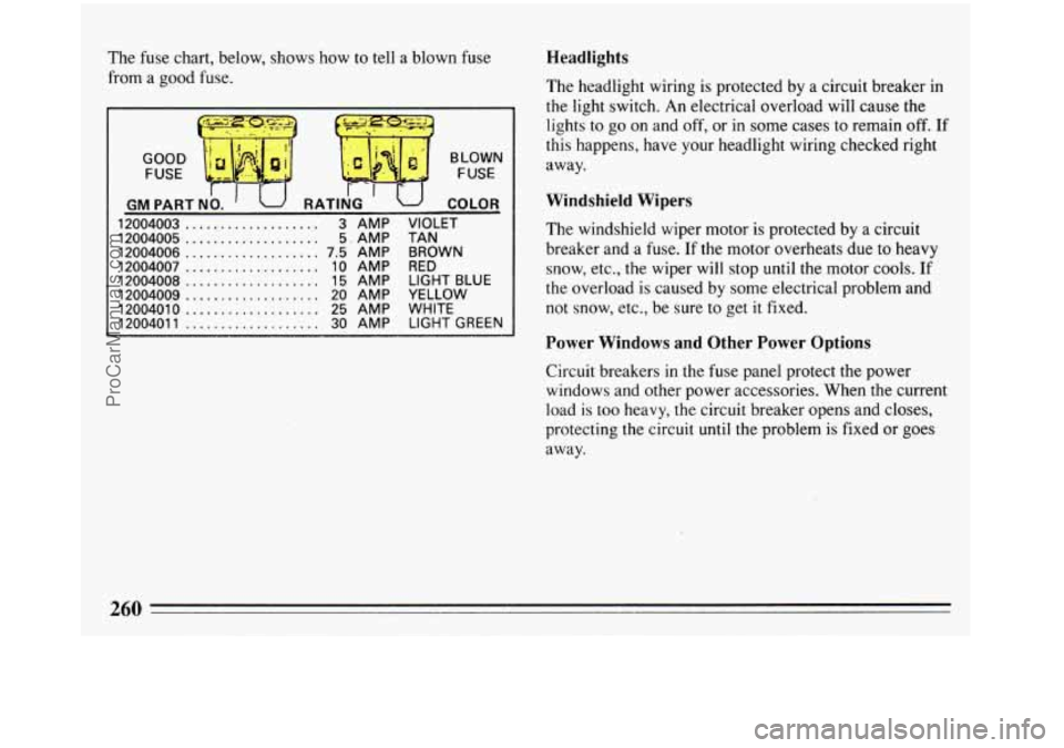 BUICK REGAL 1993  Owners Manual The  fuse  chart, below, shows how to tell  a blown fuse 
from  a good  fuse. 
... ... .- . 
GOOD 
FUSE 
GM PARTNO. I U RATING ’ COLOR 
12004003 ................... 3 AMP  VIOLET 
12004005 
........