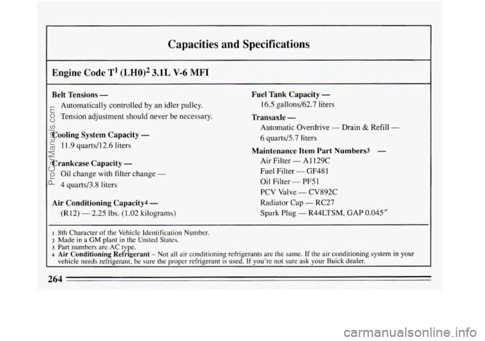 BUICK REGAL 1993  Owners Manual Capacities and Specifications 
Engine Code T1 (LH0)2 3.1L V-6 MFI 
Belt  Tensions - 
Automatically controlled  by an  idler pulley. 
Tension adjustment should never be necessary. 
Cooling  System  Cap