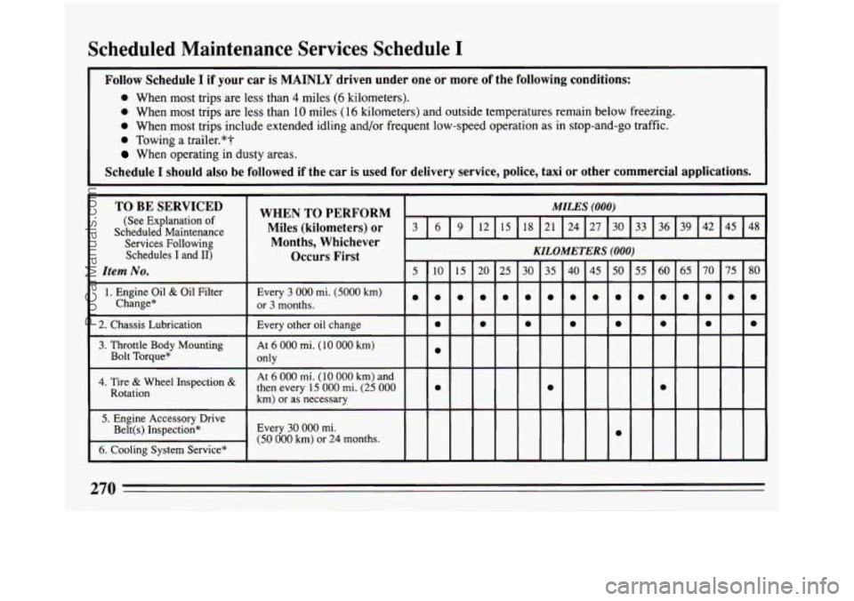 BUICK REGAL 1993 Owners Manual Scheduled Maintenance Services Schedule I
Follow Schedule I if your car is MAINLY driven under one or more of the following conditions: I
0 When most trips are less than 4 miles (6 kilometers) BUICK REGAL 1993 Owners Manual Scheduled Maintenance Services Schedule I
Follow Schedule I if your car is MAINLY driven under one or more of the following conditions: I
0 When most trips are less than 4 miles (6 kilometers)