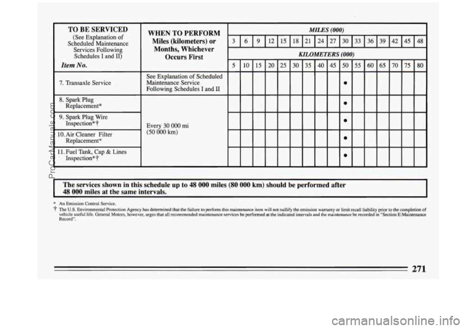 BUICK REGAL 1993 Owners Manual The services shown in this schedule up to 48 000 miles (80 000 km) should be performed after
48 000 miles at the same intervals.
* An Emission Control Service.
3- The U.S. Environmental Protect BUICK REGAL 1993 Owners Manual The services shown in this schedule up to 48 000 miles (80 000 km) should be performed after
48 000 miles at the same intervals.
* An Emission Control Service.
3- The U.S. Environmental Protect