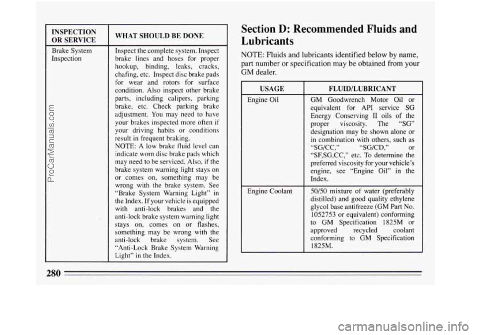 BUICK REGAL 1993  Owners Manual INSPECTION 
OR SERVICE 
Brake  System 
Inspection 
WHAT SHOULD  BE  DONE 
Inspect  the  complete  system. Inspect 
brake  lines  and  hoses  for  proper 
hookup,  binding,  leaks,  cracks, 
chafing, e