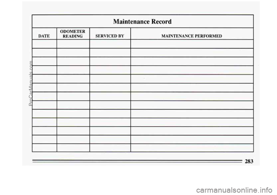 BUICK REGAL 1993  Owners Manual Maintenance  Record 
ODOMETER 
DATE  MAINTENANCE  PERFORMED  SERVICED 
BY READING 
- ~~  ~  ~ 
283 
ProCarManuals.com 