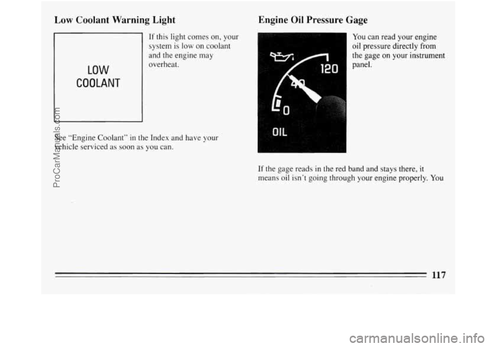 BUICK REGAL 1994  Owners Manual LOW Coolant Warning Light Engine  Oil  Pressure  Gage 
LOW 
COOLANT 
If this  light  comes  on,  your 
system 
is low on  coolant 
and the  engine may 
overheat. 
See  “Engine  Coolant” 
in the In