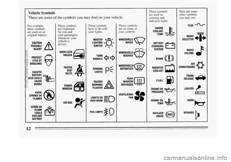 BUICK REGAL 1994 User Guide Vehicle Symbols 
These are  some of the symbols you  may  find on your vehicle. 
For example, 
these  symbols 
are  used  on  an 
original  battery: 
POSSIBLE A 
CAUTION 
INJURY 
PROTECT  EYES  BY 
SH