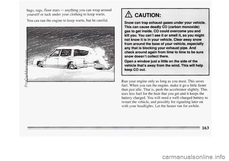BUICK REGAL 1994  Owners Manual bags,  rags,  floor mats -- anything you can wrap  around 
yourself  or tuck under your  clothing to keep  warm. 
You  can run  the  engine  to  keep warm, but  be careful. 
Run your engine only as lo